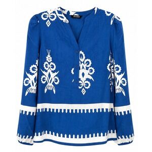 BTFBM Blue & White Boho Tunic Top Size Small NWT Split Neck Long Sleeve